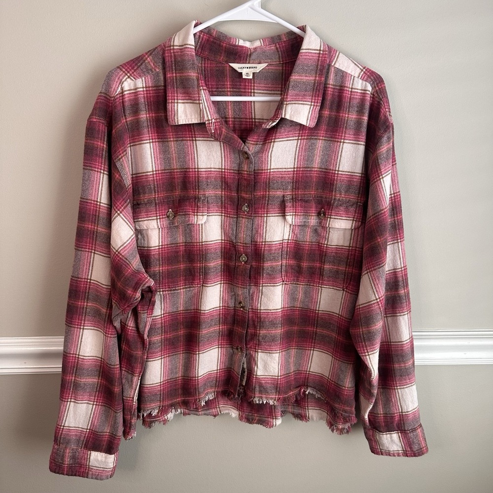 Lucky Brand Womens Pink Plaid Raw Edge Button-Up Flannel Shirt XL Western Casual